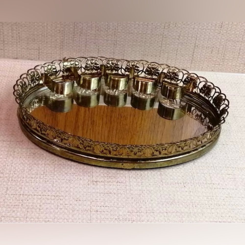 Vintage Gold mirror Vanity Tray with lipstick holder
